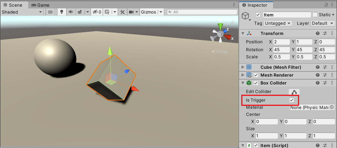 Inspector で Box Collider の Is Trigger にチェックを入れる