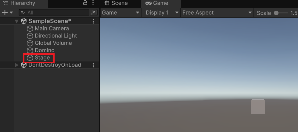 Hierarchy ビューに「Stage」と表示された実行結果