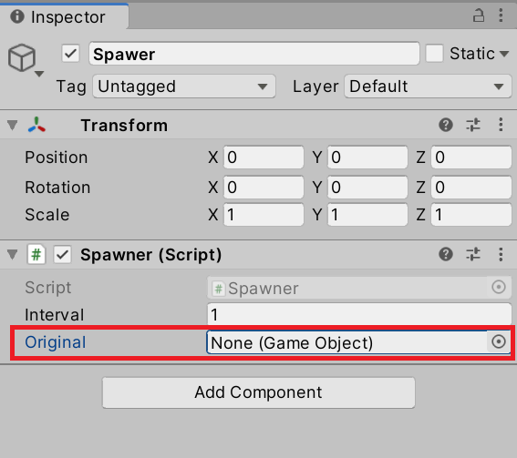 Inspector の Original にプレハブを設定
