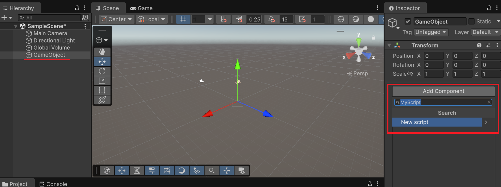 Add Component でスクリプト名を入力した状態