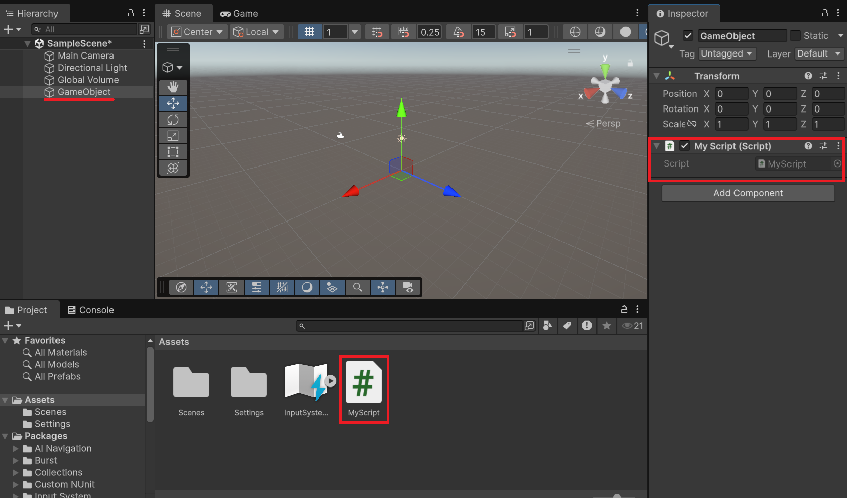 Inspector ビューにスクリプトコンポーネントが追加された状態
