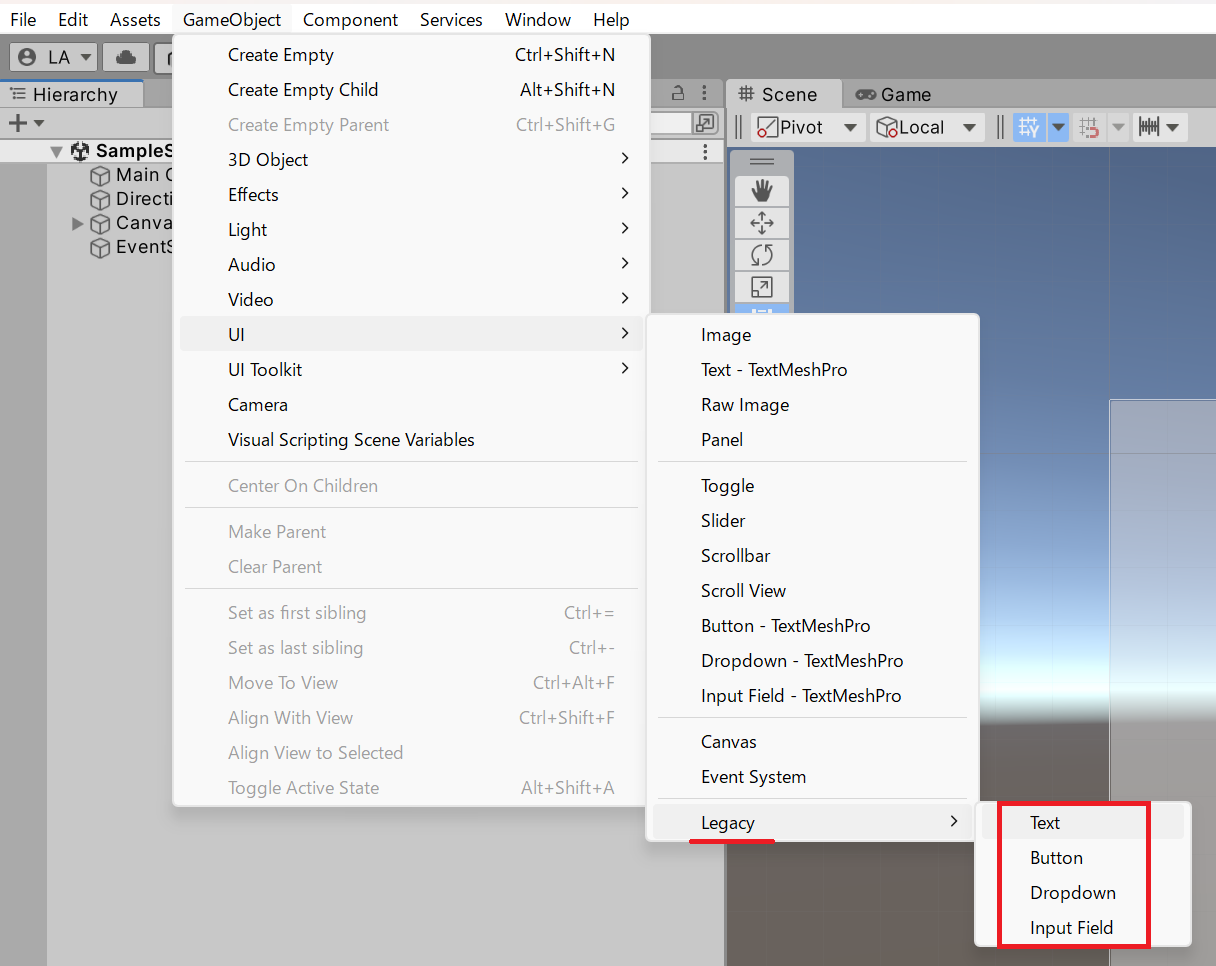「GameObject」→「UI」→「Legacy」→「Text」を選択している画面