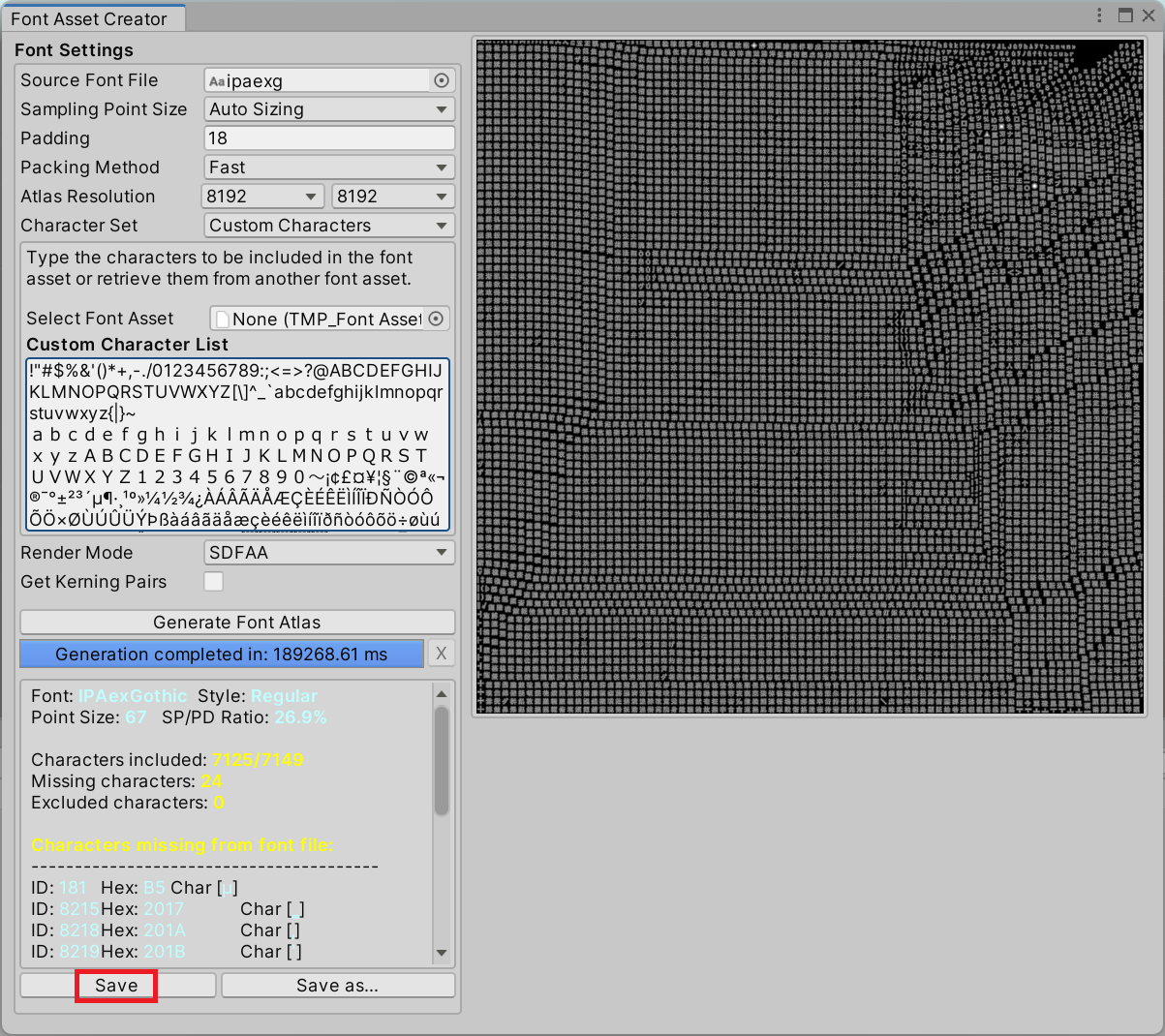 「Save」ボタンで Font Asset を保存する画面