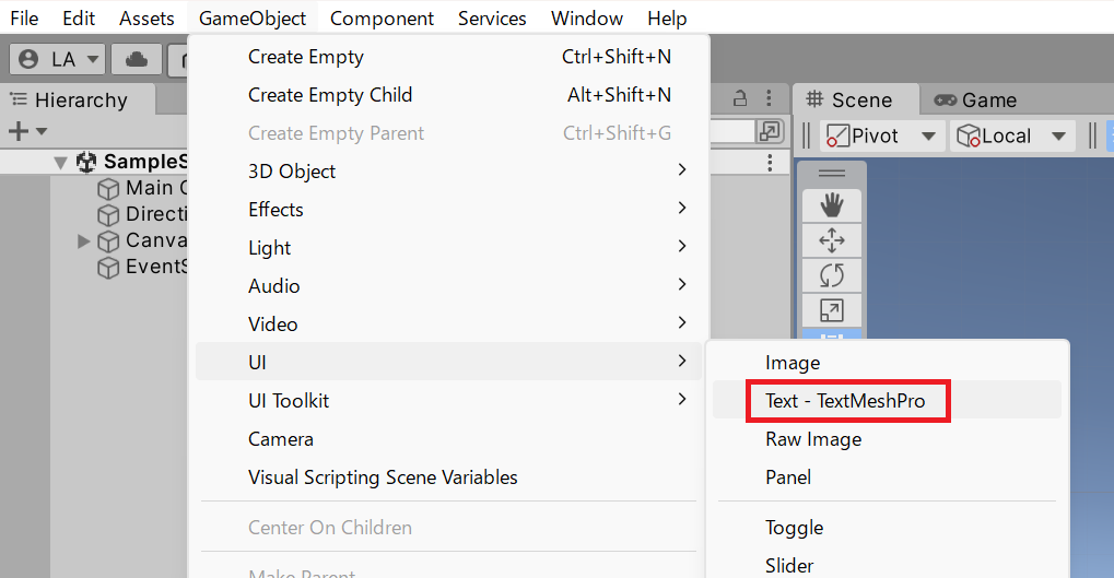 「GameObject」→「UI」→「Text - TextMesh Pro」を選択している画面