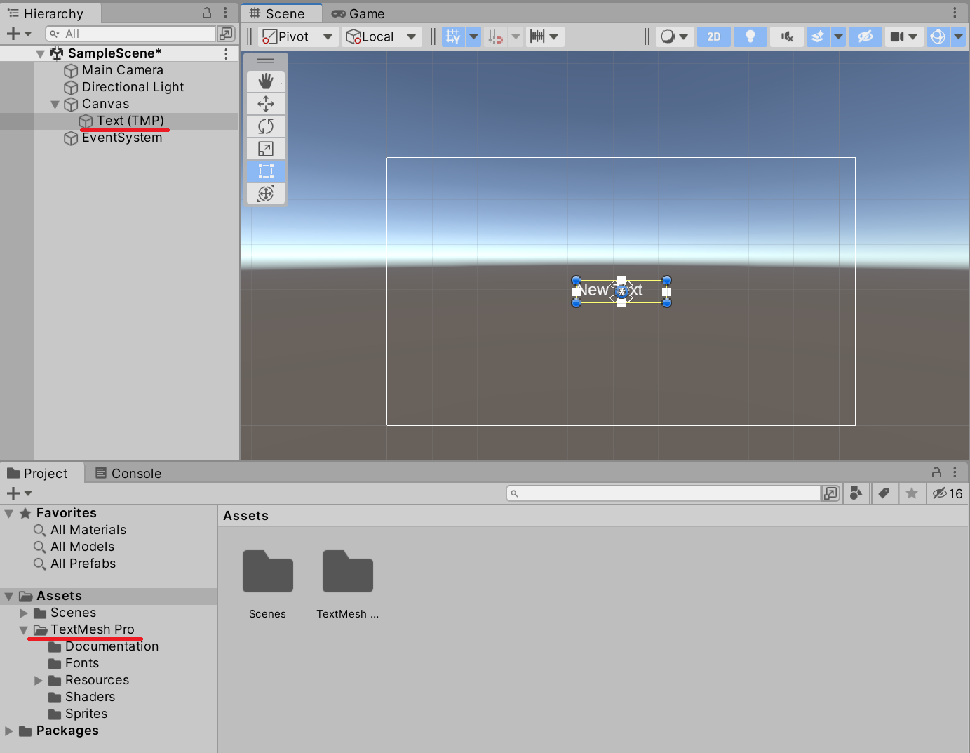 Assets フォルダー内に TextMesh Pro フォルダーが生成された状態