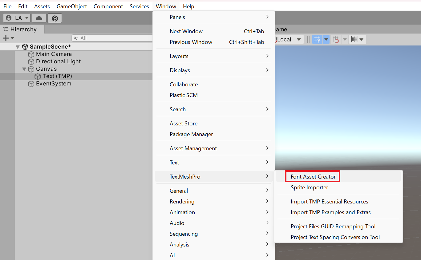「Window」→「TextMeshPro」→「Font Asset Creator」を選択している画面