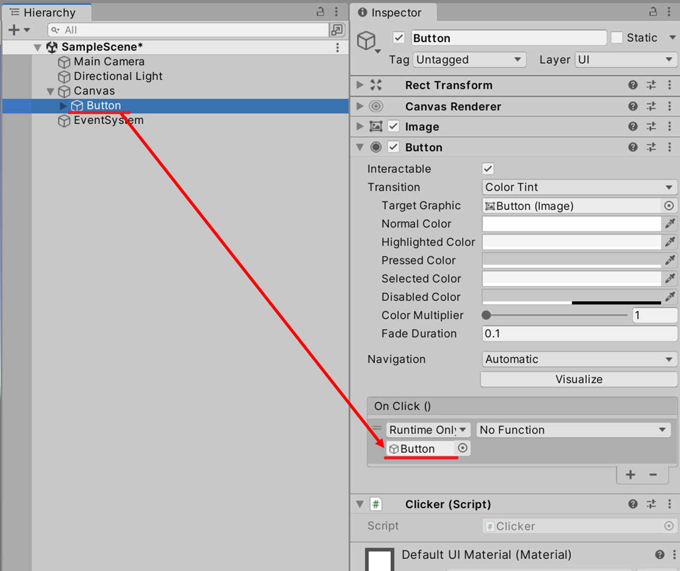 ゲームオブジェクト欄に Button をドラッグした状態