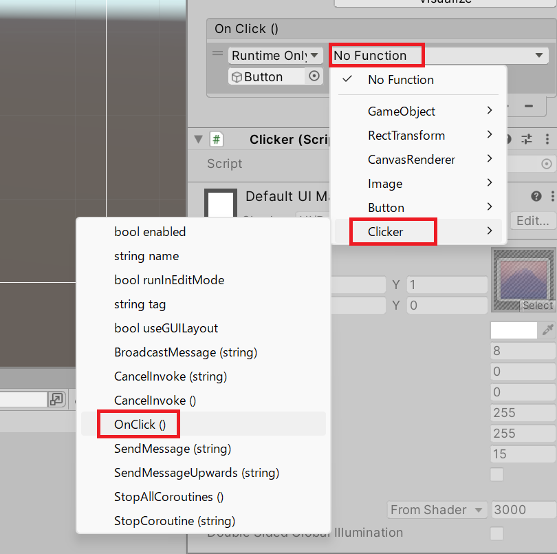 「Clicker」→「OnClick ()」を選択している画面