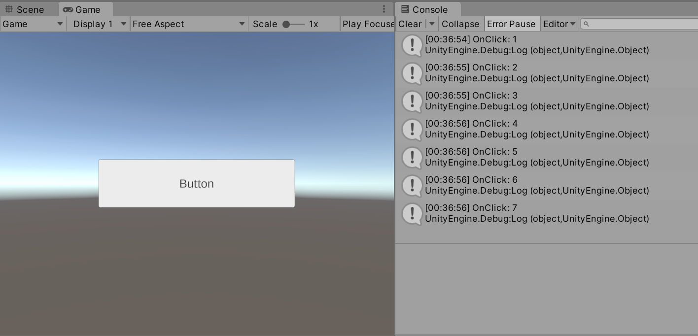 Console ビューにクリック回数が出力された状態