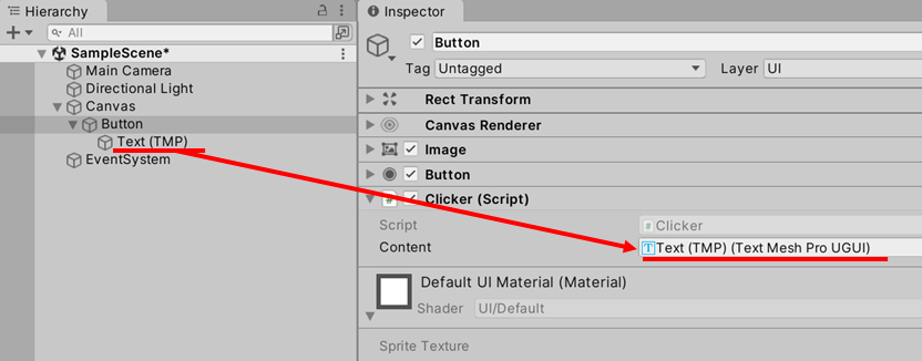 Inspector で _content に Text (TMP) を設定している画面