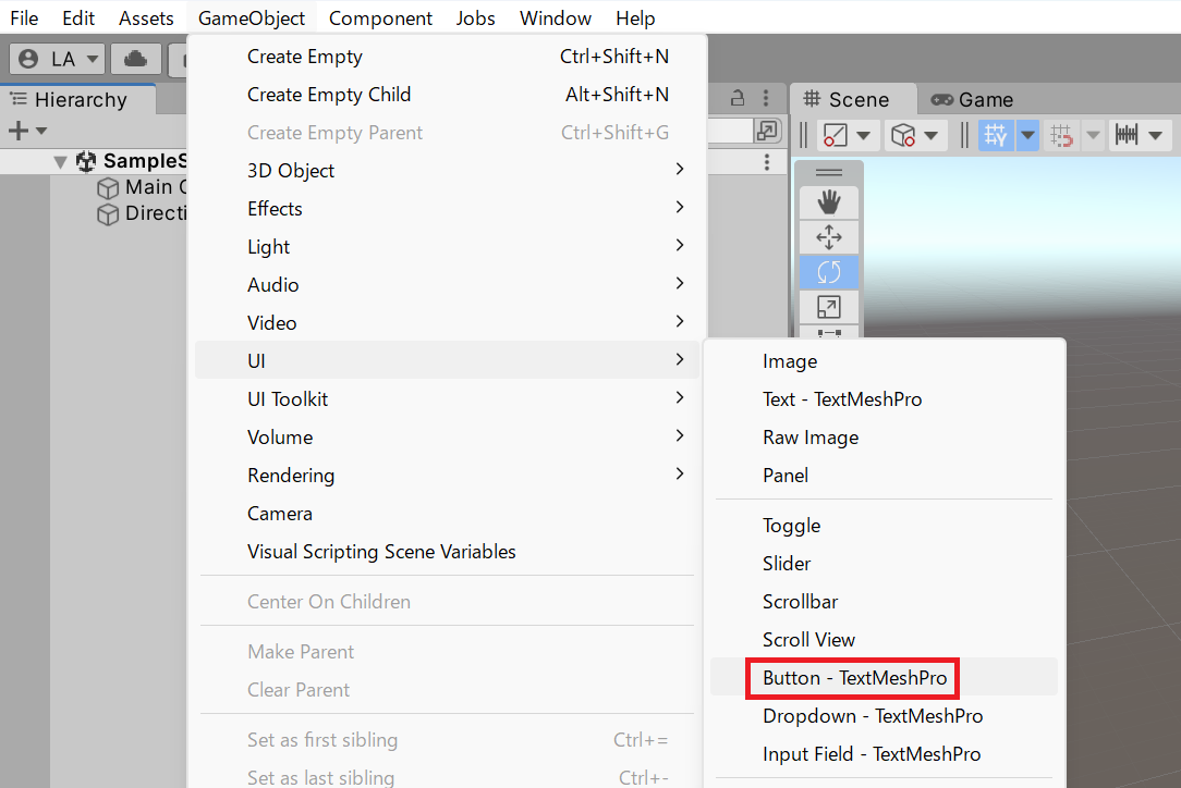 「GameObject」→「UI」→「Button - TextMeshPro」を選択している画面