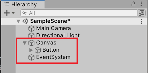 Hierarchy ビューに Canvas、EventSystem、Button が追加された状態