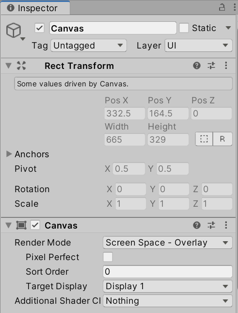 Canvas ゲームオブジェクトの Inspector ビュー（RectTransform）