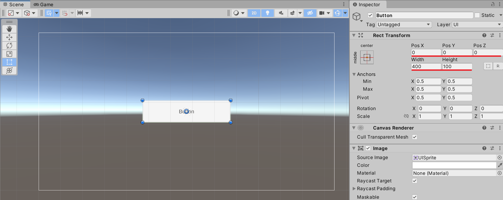 RectTransform の設定（幅 400、高さ 100、中央配置）