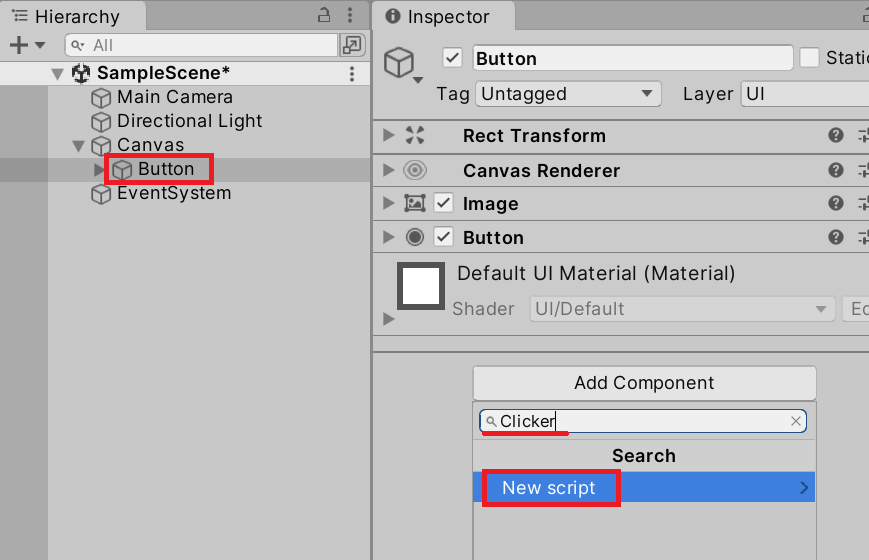 Add Component で「Clicker」を検索している画面