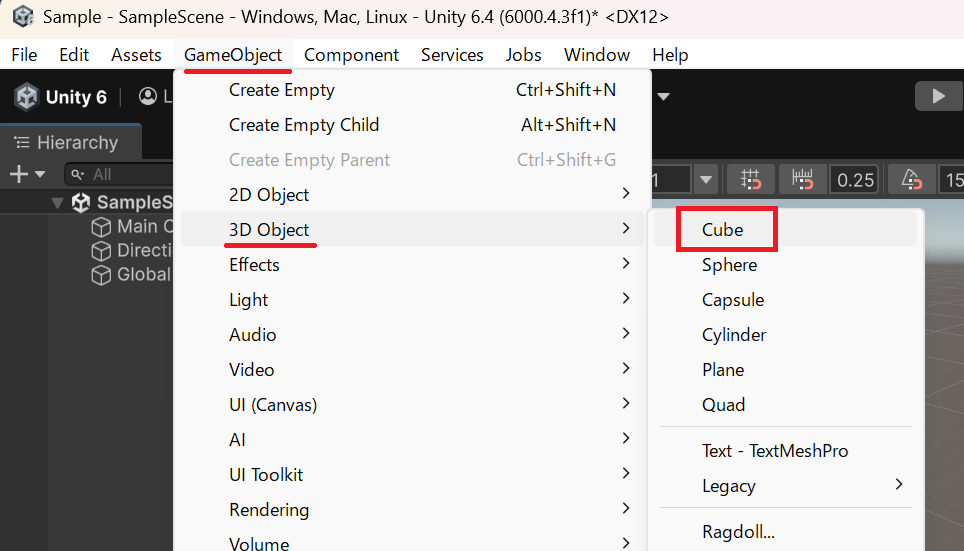 Cube ゲームオブジェクトを追加する